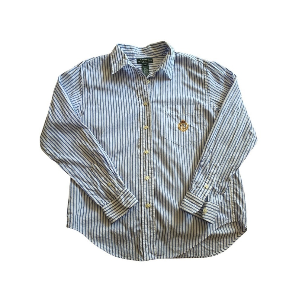 Ralph Lauren Striped Blue White Marine Embroidered Monogram Pocket Shirt sz 12P - Picture 1 of 7